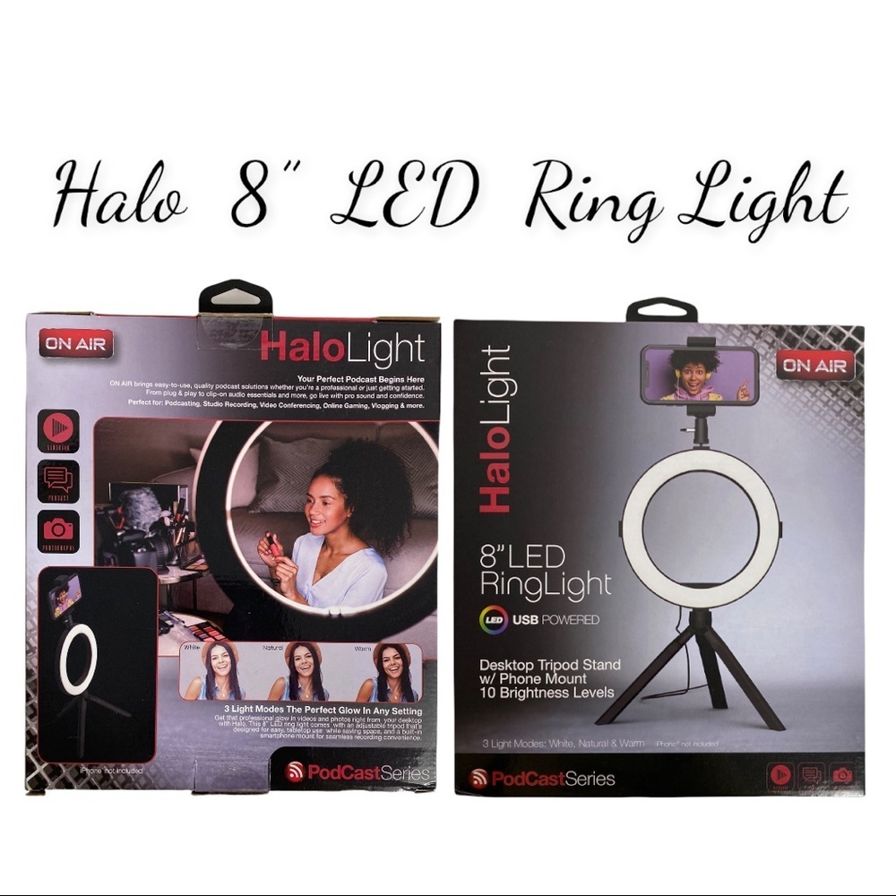 NIB 8” On Air Halo LED Ring Light With Desktop Tripod Stand And Phone Mount.